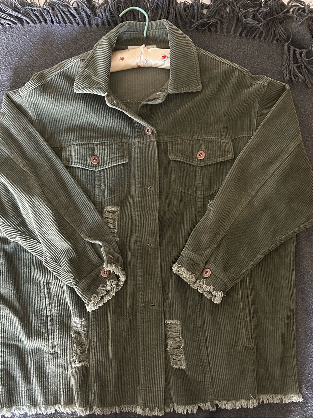 Women's Olive Green Corduroy Distressed Jacket